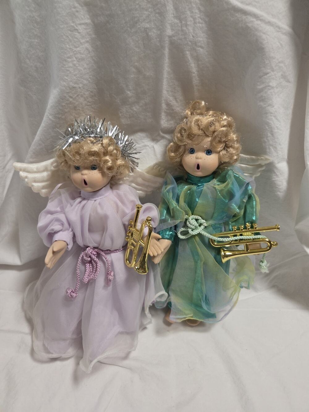 Vtg PAIR OF BLONDE HAIR CHILD PORCELAIN POSEABLE ANGEL CHRISTMAS ORNAMENTS 11"